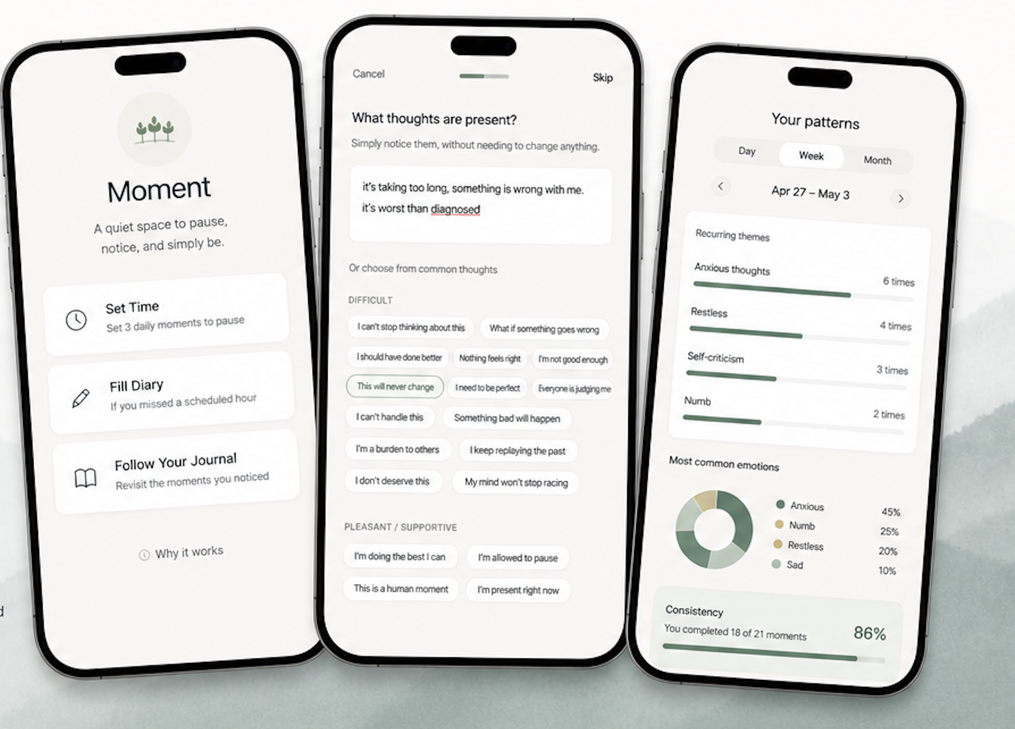 Three phone mockups showing the Moment app: setting daily times, choosing thoughts, and viewing patterns.